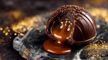 A close-up of a gourmet chocolate truffle with rich, flowing caramel filling. photo