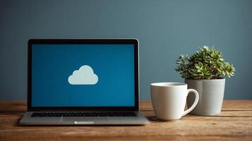 Laptop with cloud icon on screen, representing cloud storage and modern technology. photo