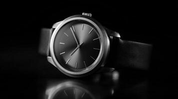 Stylish, minimalist wristwatch, elegant accessory on dark background. photo