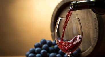 A stream of red wine fills a glass, featuring a wooden barrel and fresh grapes. photo