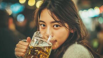 A young woman sips a mug of golden beer in a lively bar setting, looking at the camera. photo