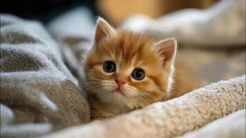 Close-up of a charming ginger kitten with big blue eyes resting on a soft blanket. photo