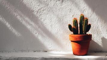 Potted green cactus on white textured wall. Strong sun casts interesting shadows. photo