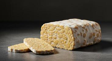 A close-up shot of a nutritious block of tempeh, with two slices cut, ready to cook. photo