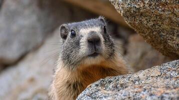 A close-up view of a wild marmot emerging from its rocky habitat, looking curiously at the viewer. photo