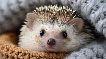 Sweet little pet hedgehog resting comfortably in a soft knitted blanket. photo