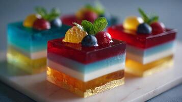 Close-up of vibrant layered jelly desserts topped with fresh fruits and mint. photo