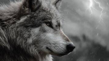 Close-up of a powerful wolf in a snowy storm with a lightning strike. photo