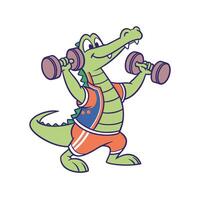 Cartoon Alligator Lifting Dumbbells in Sports Outfit, Fun Fitness Animal Character Illustration for Kids, Gym, Exercise, Mascot, and Healthy Lifestyle Designs vector