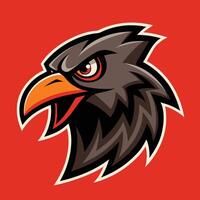 Fierce hawk head mascot illustration with sharp orange beak and intense eyes on red background, perfect for sports team logo and branding design. vector