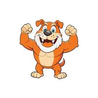 Strong cartoon bulldog mascot flexing muscles, smiling and confident, isolated on white background, perfect for sports team logo, kids, and branding design vector