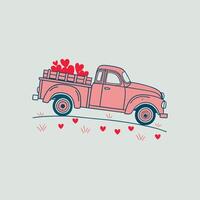 Vintage Pink Truck Carrying Red Hearts, Cute Romantic Illustration for Valentines Day, Love, Wedding, Greeting Card, Anniversary, and Relationship Design vector