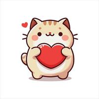 Cute Cartoon Cat Holding Red Heart, Adorable Kawaii Kitty Illustration for Valentines Day, Love, Greeting Cards, Stickers, Kids, and Nursery. vector