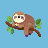 un linda dibujos animados perezoso dormido en un árbol rama. adorable y perezoso animal personaje mascota ilustración, aislado en un azul antecedentes. vector