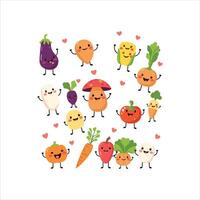 Cute Cartoon Vegetables and Fruits with Happy Faces, Colorful Illustration, Healthy Food Characters for Kids, Nursery, Education, Greeting Card, and Design. vector