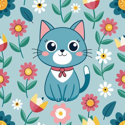 Seamless Pattern with Cute Blue Cartoon Cat and Colorful Flowers, Kawaii Animal Spring Garden Background for Kids, Nursery, Fabric, and Digital Art