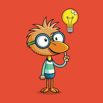 inteligente nerd pájaro dibujos animados personaje señalando arriba con un brillante idea. un brillante bombilla simboliza creatividad, innovación, y hallazgo un solución. vector