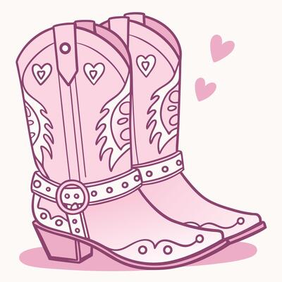 Cute Pink Cowboy Boots with Hearts and Decorative Patterns, Romantic Western Style Illustration for Valentines Day, Country Fashion, Greeting Card, Nursery Art