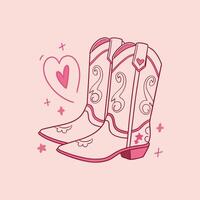 Cute Pink Cowboy Boots with Heart and Sparkles, Western Style Illustration, Perfect for Valentines Day, Fashion, Stickers, Greeting Cards, and Country vector