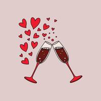 Romantic Toast with Two Champagne Glasses and Red Hearts, Love Celebration, Valentines Day, Anniversary, Cute Hand Drawn Illustration for Greeting Cards vector