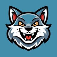 Cartoon Wild Wolf Mascot Head Logo on Blue Background, Fierce Animal Emblem, Sports Team Symbol, Illustration for Branding and Design. vector