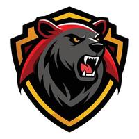 Fierce Cartoon Bear Mascot Head Logo on Shield, Angry Animal Emblem, Sports Team Symbol, Illustration for Branding, Security, and Design vector