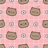 Seamless pattern with cute bear face cartoon doodle on pink grid background, Childish bear pattern, Baby shower pattern, Fabric animal pattern vector