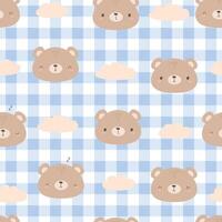 Seamless pattern with cute bear face cartoon on blue gingham checker background, Childish bear pattern, Baby shower pattern, Fabric animal pattern vector