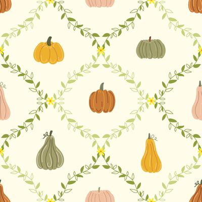 Seamless diamond pattern for Thanksgiving with autumn pumpkin and decorative green vine. Harvest vegetable seasonal background.