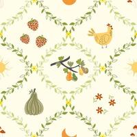 Farmhouse pattern with fruits and flowers vector