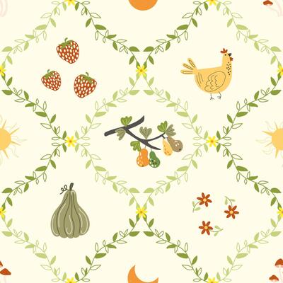 Seamless plant pattern with chicken and flowers. Organic farm produce texture. Autumn harvest design for fabric, kids, fall.