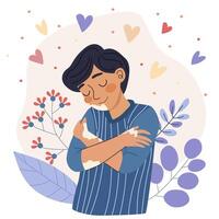 Person embracing self with flowers around vector