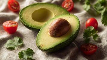 Close-up of fresh green avocado halves, bright red tomatoes, and green herbs on a textile background. photo