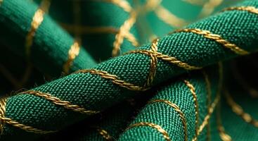 Detailed close-up of vibrant green textile with ornate golden woven patterns. photo