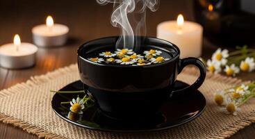 Steaming chamomile tea with floating flowers and lit candles, creating a cozy, relaxing atmosphere. photo