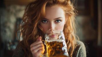 Close-up of a beautiful red-haired woman drinking a mug of beer, looking at camera. photo