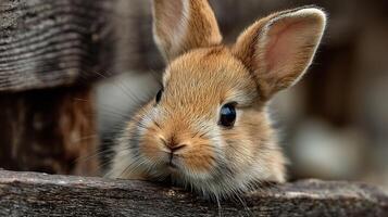 A small, light brown rabbit with big ears peeks curiously over a wooden fence. photo
