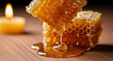 Natural honey flowing from beeswax comb, illuminated by warm candlelight. photo