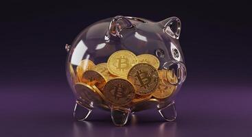 A transparent piggy bank overflowing with golden bitcoin coins, symbolizing cryptocurrency savings and investment. photo