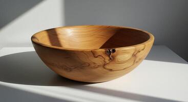Beautiful hand-turned wooden bowl, featuring natural wood grain and harsh sunlight. Rustic decor item. photo