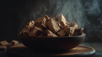 Rustic bowl filled with steaming chunks of dark fudge, warm and inviting dessert. photo