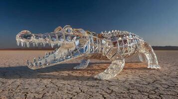 Sparkling crystal alligator sculpture stands on cracked, dry desert ground. photo