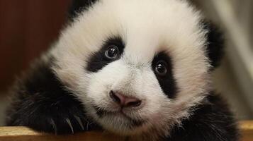 A close-up portrait of an adorable baby panda with black and white fur looking directly. photo