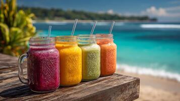 Vibrant fruit smoothies on a wooden surface, tropical beach background. photo
