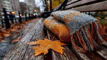Close-up of a wet scarf and an autumn leaf resting on a park bench during a rainy fall day. photo