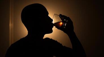 Silhouette of a man drinking an alcoholic beverage in low light. photo
