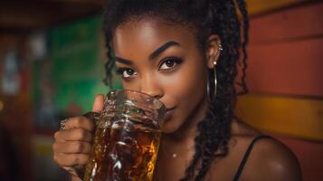 Close-up of a young African American woman enjoying a refreshing beer from a mug in a bar. photo