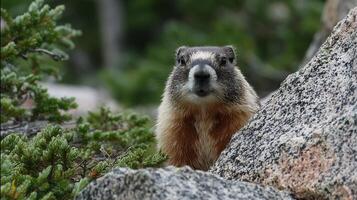 Curious wild marmot peeking from behind a gray rock in nature, observing. photo