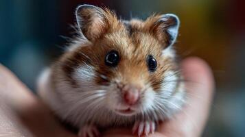 A cute, fluffy dwarf hamster with big eyes, held gently in a human hand, close-up. photo