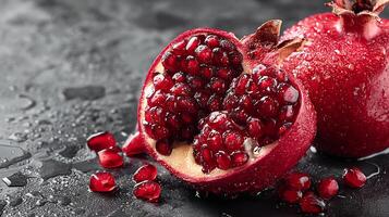 Cut pomegranate with juicy seeds photo